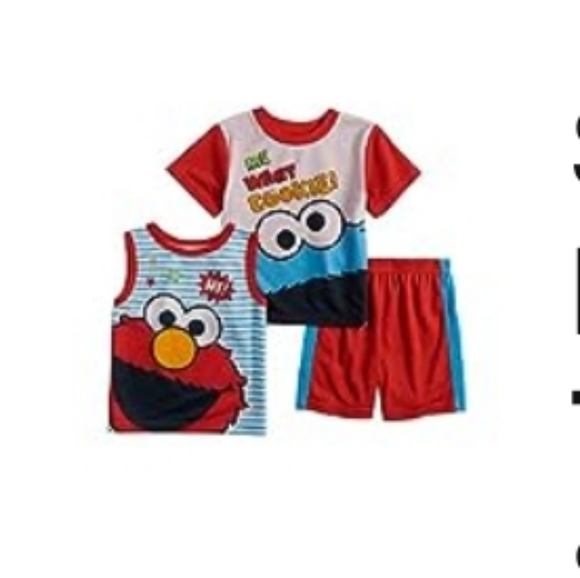 Sesame Street Elmo "Hi!" + Cookie Monster "Me Want Cookie!" 3 piece Pajama Set - Picture 1 of 12